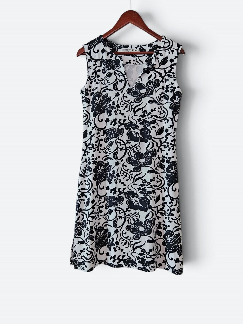Barbara Gerwit Preppy Sleeveless Patterned Notched Collar Jersey Shift Dress M